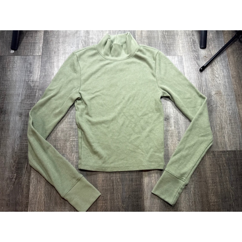 American Eagle Sage Green Waffle Knit Mock Neck Thermal Long Sleeve Top Small